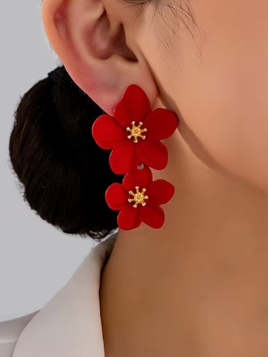 Private Label Jewelry - NEW Janey Red and Gold Flower Double Drop Earrings